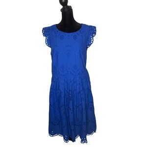 Blue Eyelet Lace Belted Dress Women Size 12 Cottagecore Feminine Flutter Sleeve